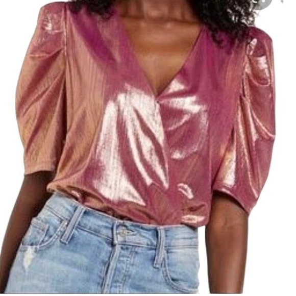 WAYF Metallic Pink Gold Puff Sleeve V-Neck Wrap Front Bodysuit - Sz XL - Picture 1 of 8